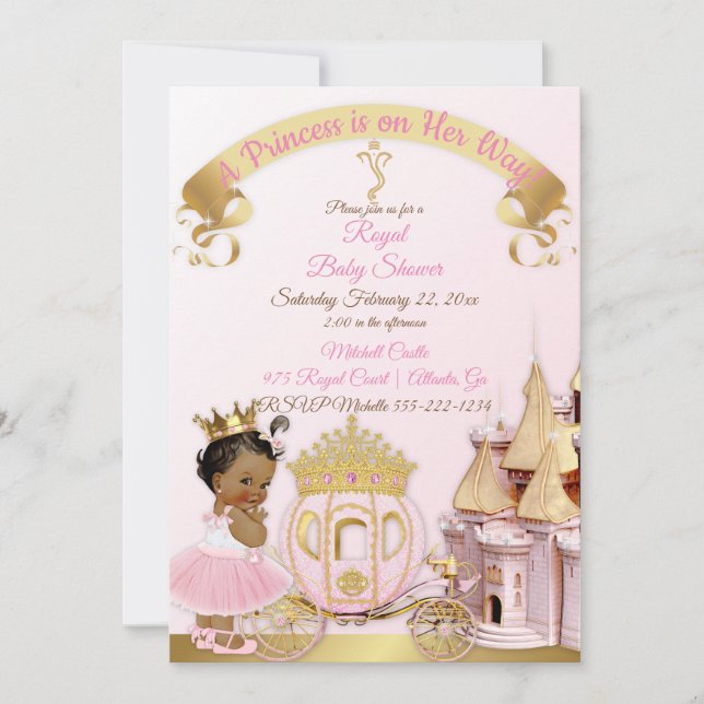 Invitación Carruaje de Castillo de Princesa Real Rosa Dorado  (Anverso)
