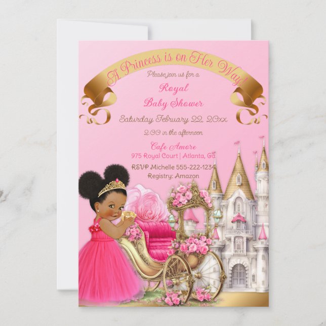 Invitación Carruaje de Castillo de Princesa Real Rosa Dorado  (Anverso)