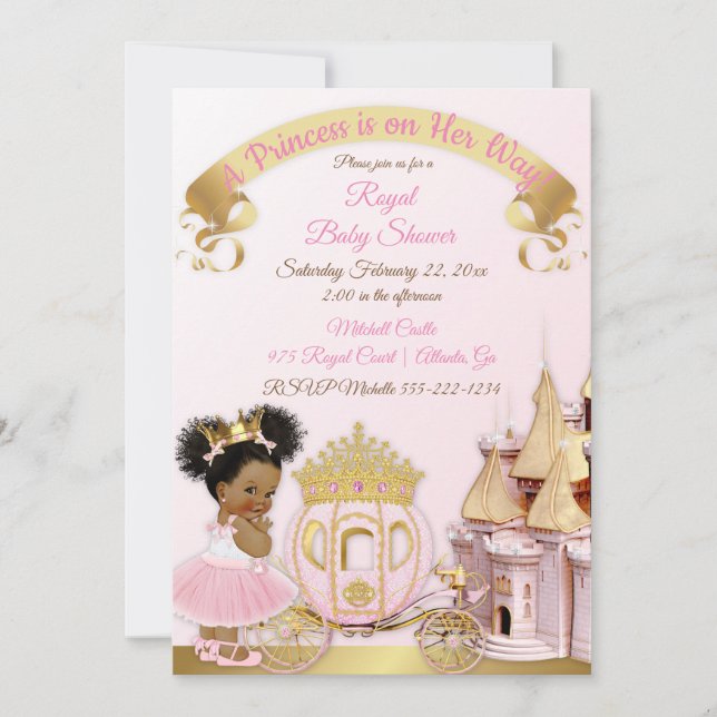 Invitación Carruaje de Castillo de Princesa Real Rosa Dorado  (Anverso)