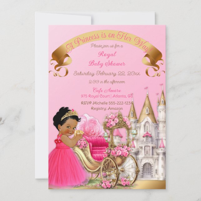 Invitación Carruaje de Castillo de Princesa Real Rosa Dorado  (Anverso)