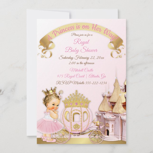 Invitación Carruaje de Castillo de Princesa Real Rosa Dorado  (Anverso)
