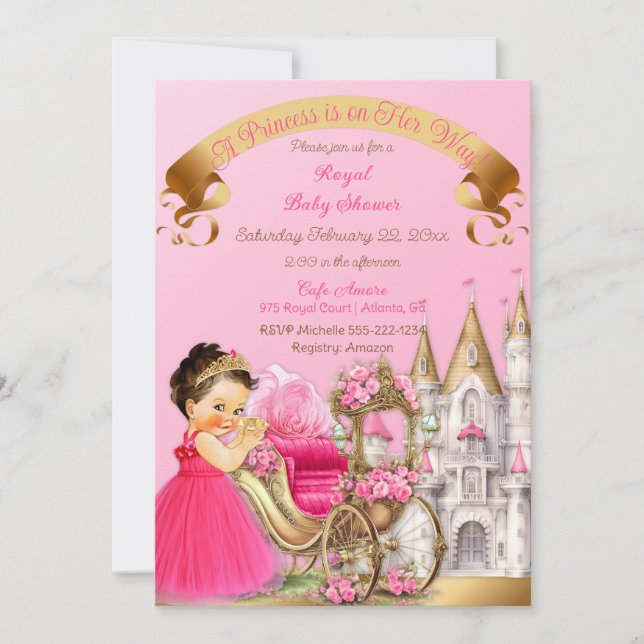 Invitación Carruaje de Castillo de Princesa Real Rosa Dorado  (Anverso)