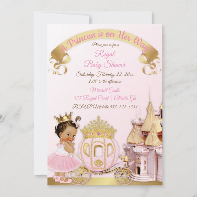 Invitación Carruaje de Castillo de Princesa Real Rosa Dorado  (Anverso)