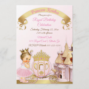 Invitación Carruaje de Castillo de Princesa Real Rosa Dorado 