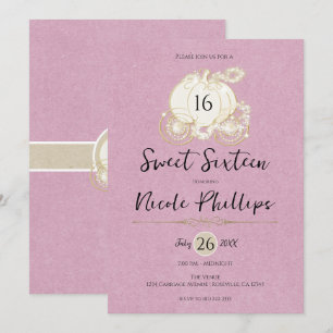 Invitación Carruaje de Cenicienta de Oro Rosa Fiesta de Dulce