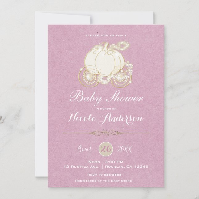 Invitación Carruaje de Cenicienta de Oro Rosa para Baby Showe (Anverso)