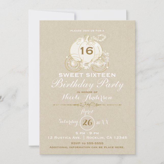 Invitación Carruaje de Cenicienta dorado Kraft Cumpleaños Swe (Anverso)