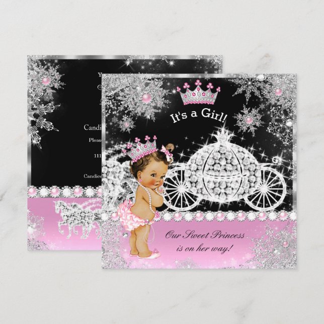 Invitación Carruaje de ducha de bebé princesa rosa negro more (Anverso / Reverso)