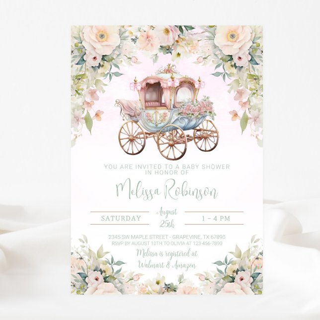 Invitación Carruaje de princesa de cuento de hadas Floral acu (Beautiful fairytale princess carriage baby shower invitation. Simply add your event details.)