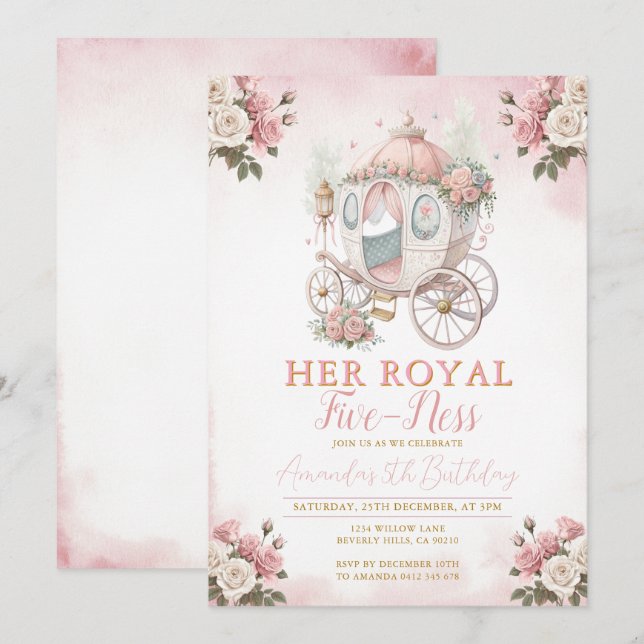 Invitación Carruaje de Princesa Su real cinco-idad Cumpleaños (Anverso / Reverso)