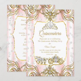 Invitación Carruaje de quinceañera princesa dorado rosa blanc