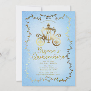 Invitación Carruaje Dorado Elegante Azul Historia de Quinceañ