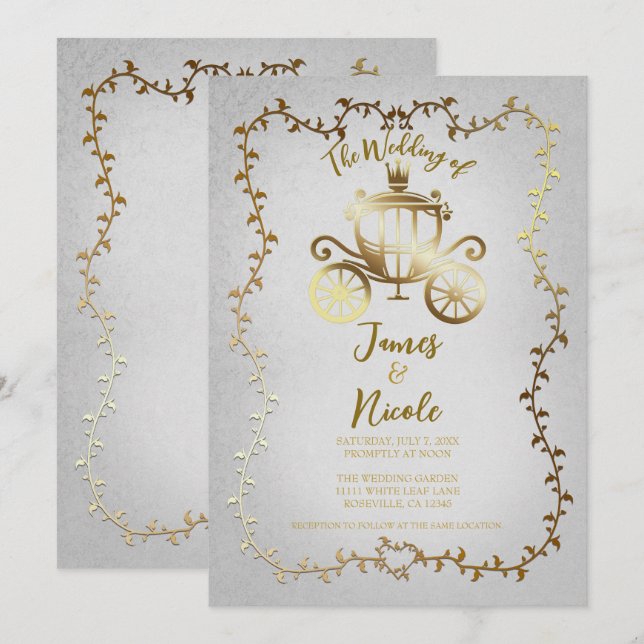 Invitación Carruaje Dorado Elegante Boda de Cuento de Hadas B (Anverso / Reverso)
