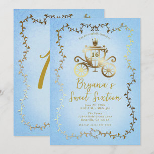 Invitación Carruaje Dorado Elegante Historia Azul Dulces 16