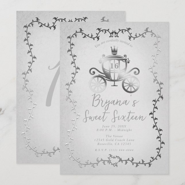 Invitación Carruaje Elegante de Plata Historia de Libro Blanc (Anverso / Reverso)