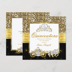 Invitación Carruaje Mágico de Quinceañera Dorado Caballo Negr