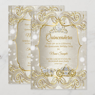 Invitación Carruaje mágico para Quinceañera dorado beige plat
