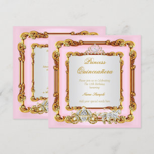 Invitación Carruaje Mágico Quinceañera Rosa Dorado Caballo
