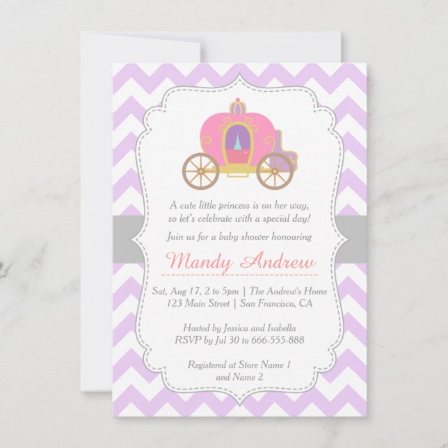 Invitación Carruaje Princesa Chevron Morado, Shower para Bebé (Anverso)