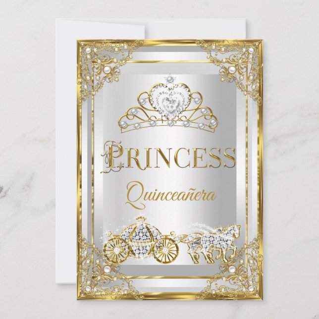 Invitación Carruaje Quinceañera Princesa Perla Oro Blanco (Anverso)