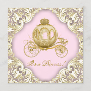 Invitación Carruaje Real Rosa y Dorado Baby Shower Princesa