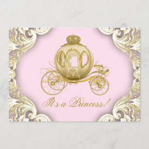 Invitación Carruaje Real Rosa y Dorado Baby Shower Princesa