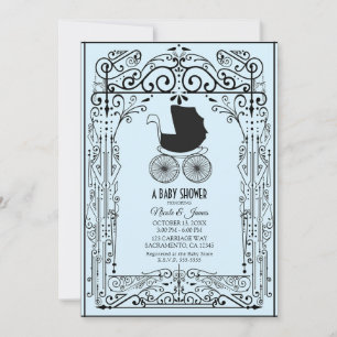 Invitación Carruaje Vintage Azul y Negro Deco Baby Shower