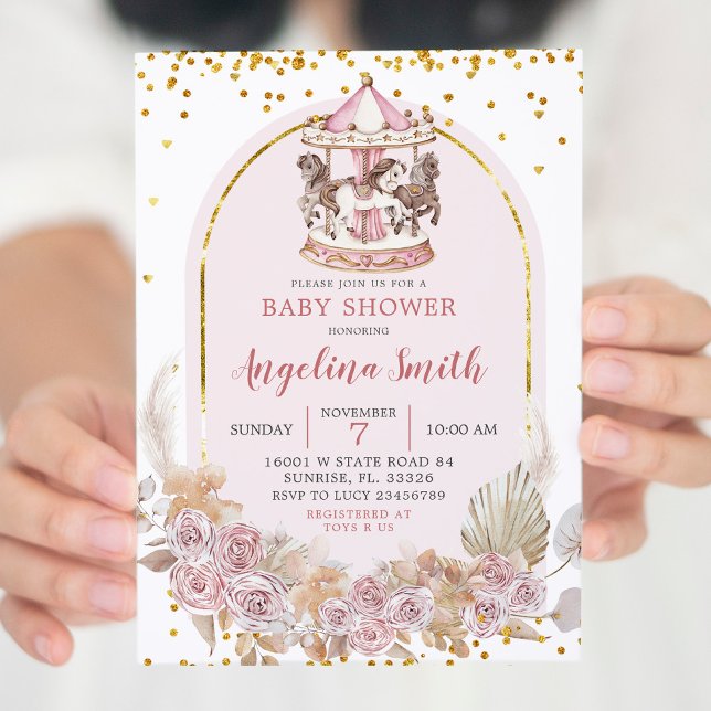 Invitación Carrusas florales de oro y rosa Boho Baby Shower (Subido por el creador)