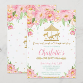Invitación Carrusel 1 cumpleaños Chica de Oro Floral Rosa