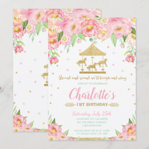Invitación Carrusel 1 cumpleaños Chica de Oro Floral Rosa