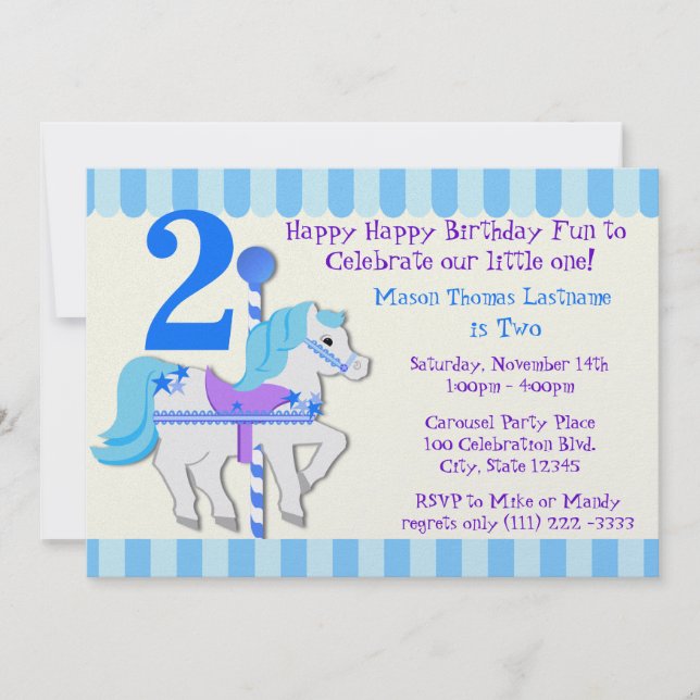 Invitación Carrusel azul Pony 2 Fiesta de cumpleaños (Anverso)