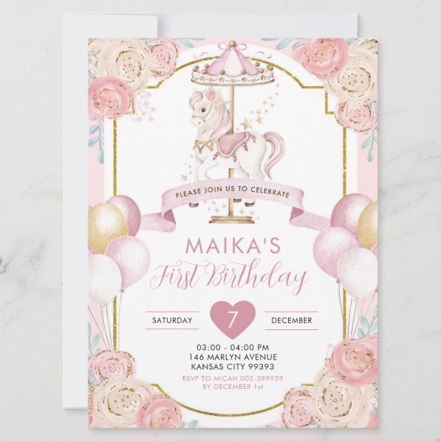 Invitación Carrusel Chica mágico rosa y dorado Cumpleaños (Anverso)