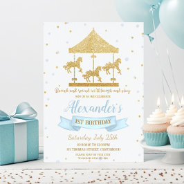 Invitación Carrusel de azul y oro Primer cumpleaños