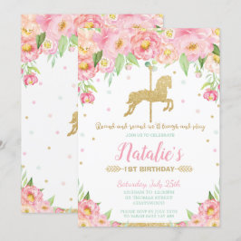 Invitación Carrusel de oro y floral rosa Primer Chica de cump