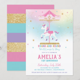 Invitación Carrusel de Rainbow Unicorn Chica de cumpleaños 1