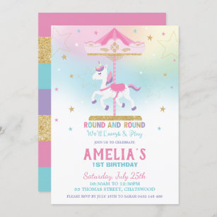Invitación Carrusel de Rainbow Unicorn Chica de cumpleaños 1