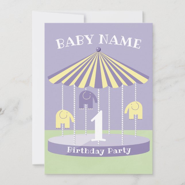 Invitación Carrusel Elefante Lavender 1er cumpleaños (Anverso)