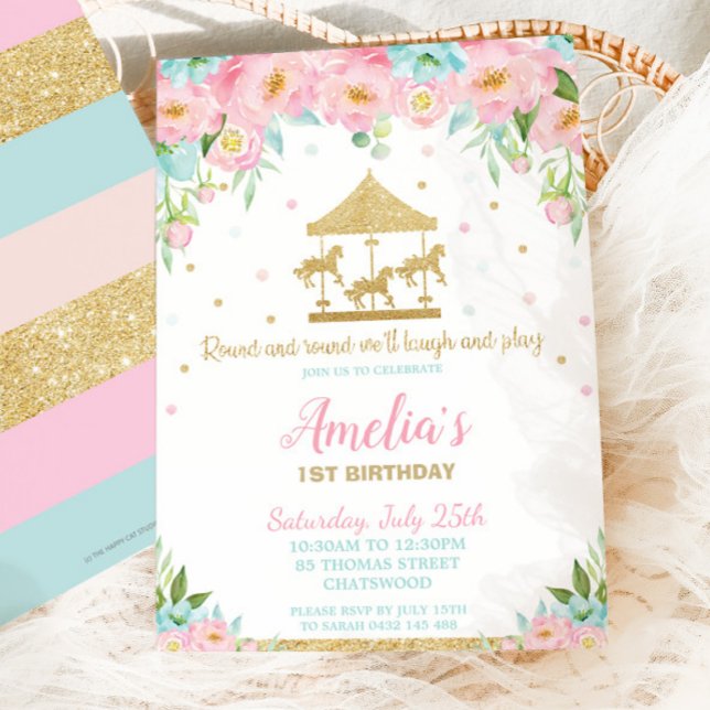 Invitación Carrusel floral de menta rosa primer Chica de cump (Subido por el creador)