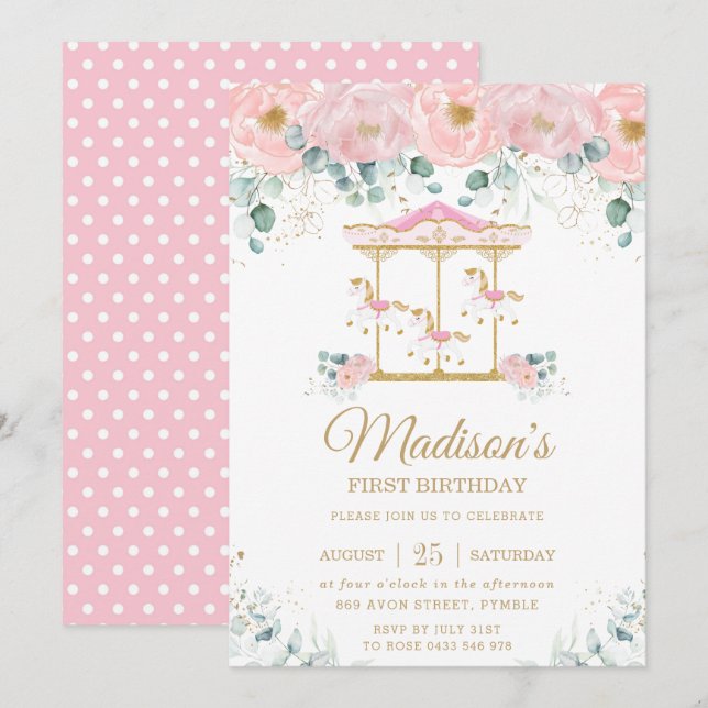 Invitación Carrusel floral rosa caprichoso Fiesta de cumpleañ (Anverso / Reverso)