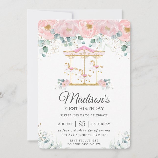 Invitación Carrusel floral rosa caprichoso Fiesta de cumpleañ (Anverso)