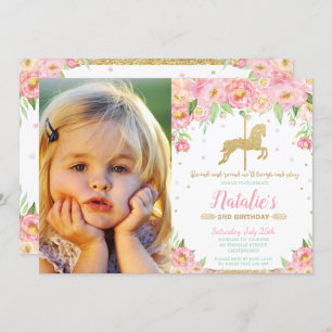 Invitación Carrusel floral rosa Primer Chica de cumpleaños co