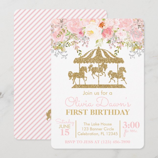 Invitación Carrusel floral Rosa y Chica de oro Cumpleaños (Anverso / Reverso)