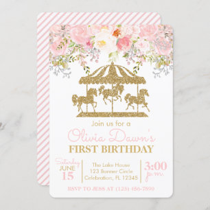 Invitación Carrusel floral Rosa y Chica de oro Cumpleaños