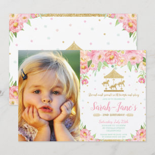 Invitación Carrusel floral rosada Primer Chica de cumpleaños 