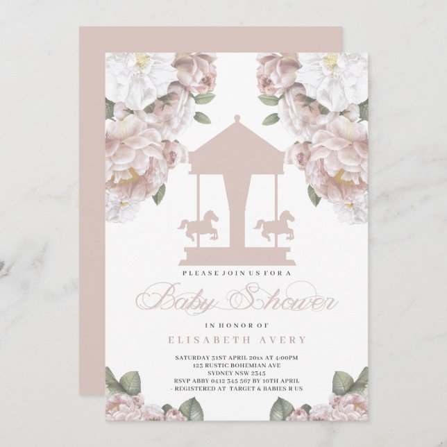 Invitación Carrusel Floral Soft Pink Baby Shower (Anverso / Reverso)