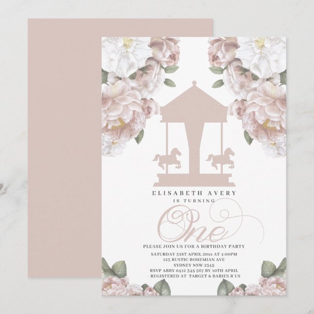 Invitación Carrusel Floral Soft Pink First Birday (Anverso / Reverso)