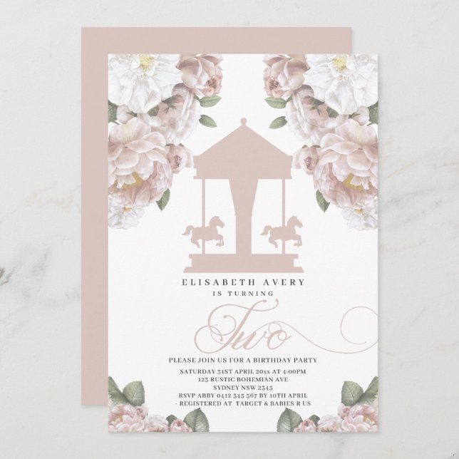 Invitación Carrusel Floral suave rosa segundo cumpleaños (Anverso / Reverso)