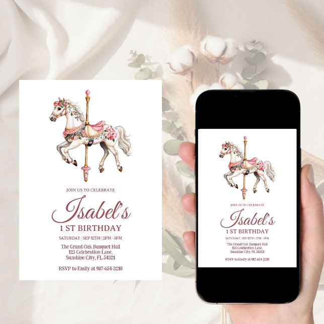 Invitación Carrusel Rosa Acuarela para Cumpleaños de niña (Subido por el creador)
