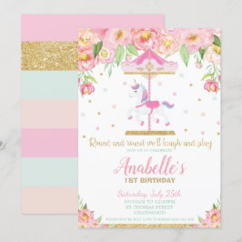 Invitación Carrusel Unicornio Chica Floral Rosa de primer cum