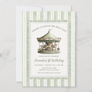Invitación Carrusel Verde Salvia Cumpleaños Fiesta 